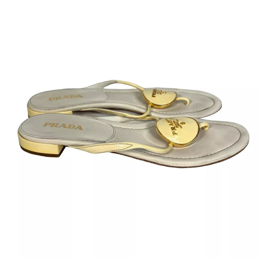 Prada Cream Enamel Logo Plaque Leather Flip Flop Sandals Size EU 40 Womens - Picture 4 of 16